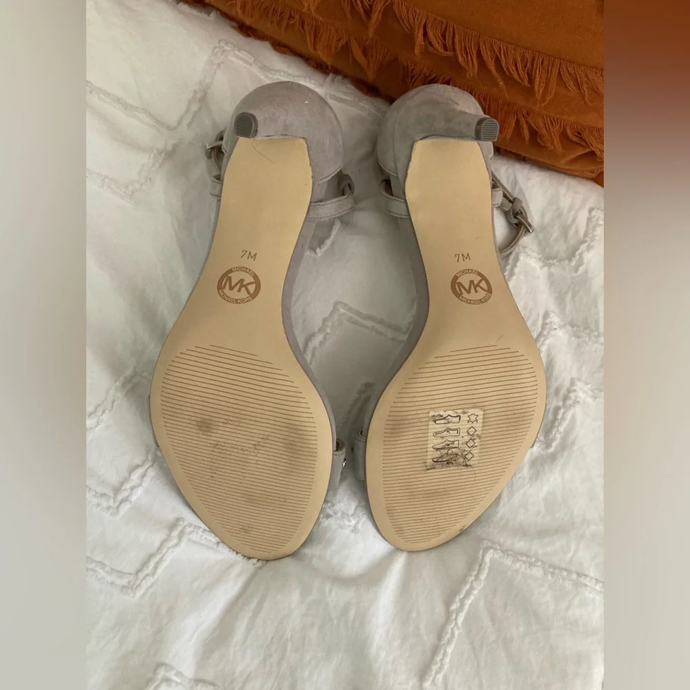 Michael Kors Gray Suede Pearl-Embellished Ankle Strap Heels